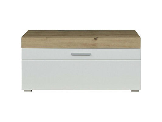 Entryway bench with 1 drop-leaf seat in oak and glossy white finish, 91 cm wide - Doucezen