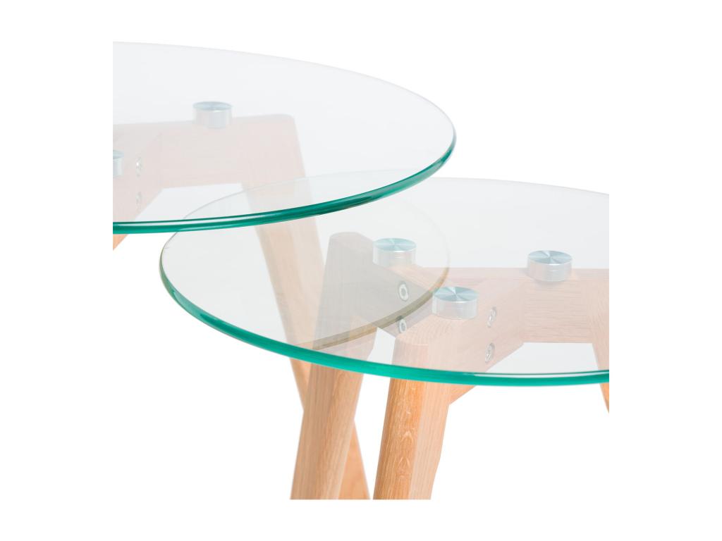 Doucezen Set of 2 Nesting Coffee Tables in Tempered Glass and Natural Wood