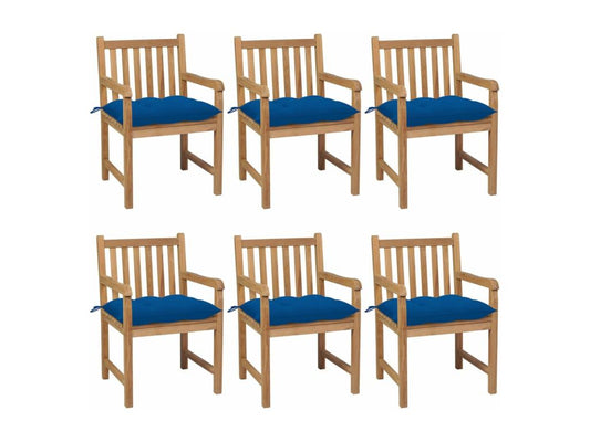 6-piece garden chair set with blue cushions, solid teak wood