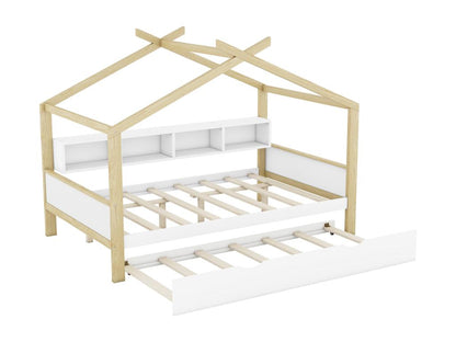 Cabin bed 140x200 cm with trundle bed 90x180 cm - 4 niches - Pine wood - white