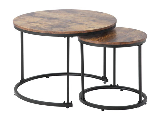 Set of 2 nesting coffee tables, round side tables in MDF with marble veneer, industrial style, brown