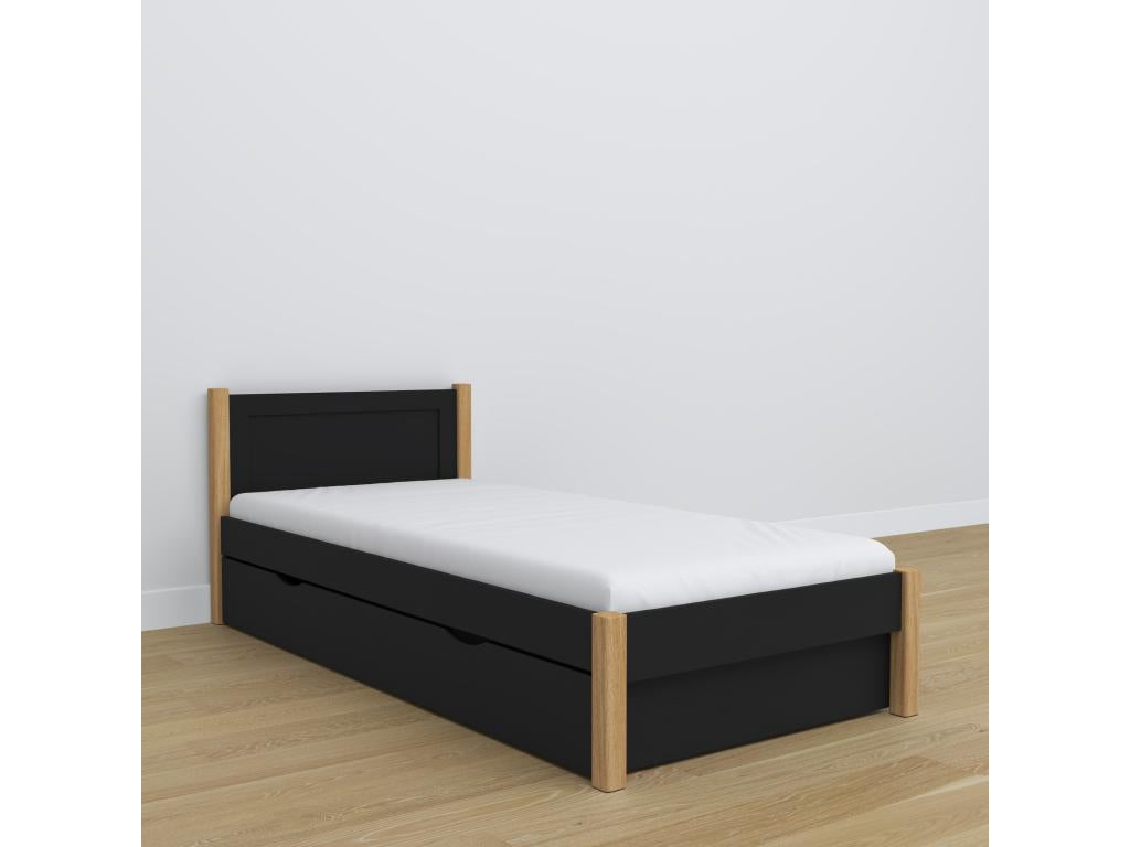 Single wooden bed - with drawer N02 Black / Natural Oak 100x180