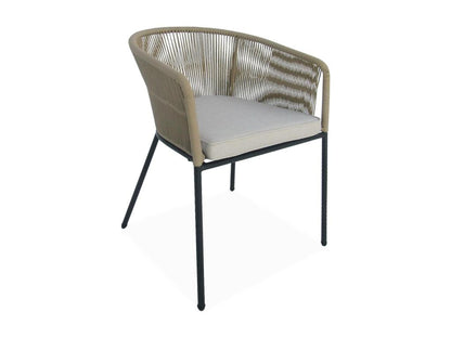 Garden table in eucalyptus wood - indoor/outdoor; 6 armchairs in beige rope and metal