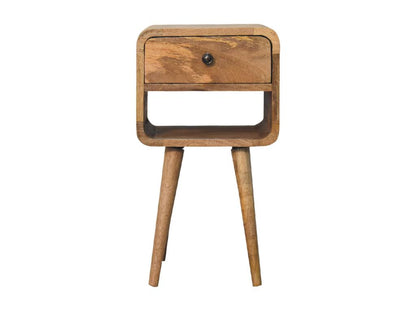 Mini bedside table in oak, curved at the bottom.