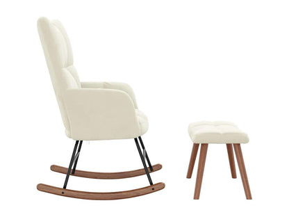 Rocking chair with footrest, cream white velvet