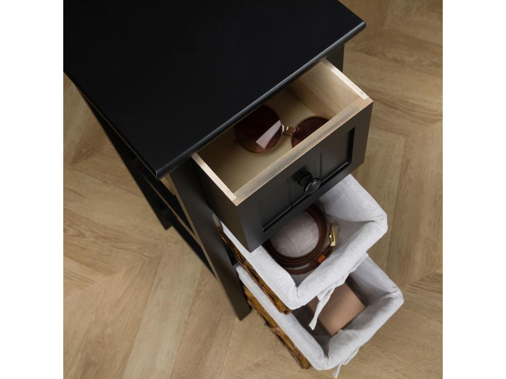 Doucezen bedside table with drawer and two paulownia wood baskets, 28x67x31 cm (WxHxD) - black bedroom storage unit