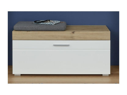 Entryway bench with 1 drop-leaf seat in oak and glossy white finish, 91 cm wide - Doucezen
