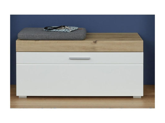 Entryway bench with 1 drop-leaf seat in oak and glossy white finish, 91 cm wide - Doucezen