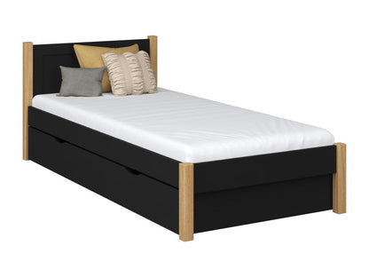 Single wooden bed - with drawer N02 Black / Natural Oak 100x180